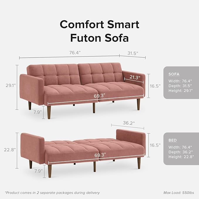mopio Aaron Couch, Small Sofa, Futon, Sofa Bed, Sleeper Sofa, Loveseat, Mid Century Modern Futon Couch, Sofa Cama, Couches for Living Room, Bedroom (Old Rosa, Velvet) - LeafyLoom