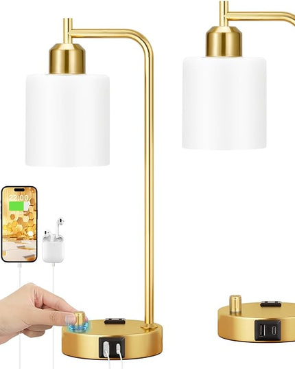 Innqoo Industrial Table Lamps for Bedroom Set of 2 - Fully Dimmable Bedside Lamps with USB Ports and Outlet, Gold Nightstand Lamps with Opal Glass Shade for Living Room, Desk Lamps for Office Reading - LeafyLoom