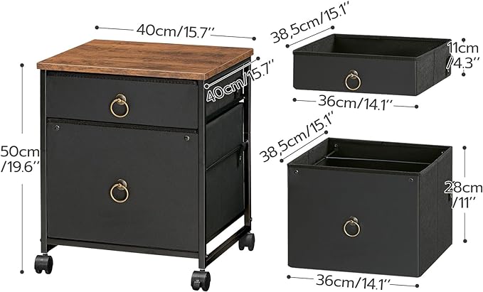 HOOBRO File Cabinet, 2-Drawer Filing Cabinet, Vertical Mobile Office Cabinet, Rolling Printer Stand, for A4/Letter Size Files, Nonwovens Drawer, for Home Office, Rustic Brown and Black BFK21WJ01 - LeafyLoom