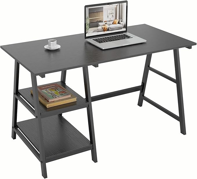 sogesfurniture 47 inches Writing Computer Study Desk with 2 Tier Storage Shelves on Left or Right Side, Trestle Desk, Home Office Study Desk,Black - LeafyLoom