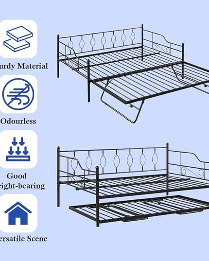 Full Daybed with Trundle, Metal Day Bed with Pull Out Trundle, Sofa Bed with Twin Size Portable Folding Trundle, Bed Frame for Bedroom, Living Room, Guest Room, Home, No Box Spring Needed, Black - LeafyLoom