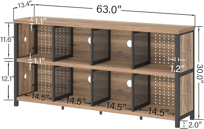 LVB Industrial Horizontal Bookshelf, 4 5 6 7 8 Cube Storage Organizer Bookcase, Modern Wide Large Book Shelf for Bedroom Living Room, Rustic Low Long Wood Metal Office Cubby Shelf, Rustic Oak, 63 Inch - LeafyLoom