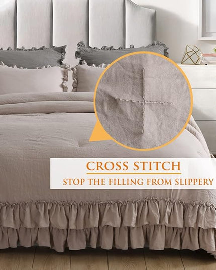 Taupe Ruffled Comforter Set for Queen Bed,3 Pieces Vintage Farmhouse Shabby Bedding Set Lightweight Ultra Soft French Country Bedding (1 Farmhouse Comforter +2 Pillowcases) - LeafyLoom
