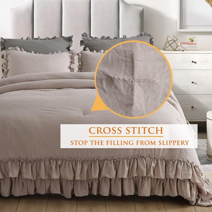 Shabby Ruffled King Comforter Set,Farmhouse Taupe Bedding Comforter Lightweight Ultra Soft Vintage Rustic Microfiber Bedding 3pc (1 Ruffle Comforter and 2 Pillowcases) - LeafyLoom
