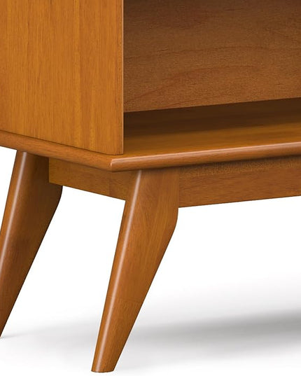 SIMPLIHOME Draper SOLID HARDWOOD 30 inch x 64 inch Mid Century Modern Low Bookcase in Teak Brown for The Living Room, Study Room and Office - LeafyLoom