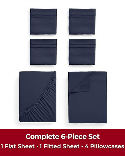 Mellanni King Sheets Set - 6 PC Iconic Collection Bedding Sheets & Pillowcases - Hotel Luxury, Ultra Soft, Cooling Bed Sheets - Deep Pocket up to 16 inch - 6 PC (King, Navy Blue w/Extra Pillow Cases) - LeafyLoom