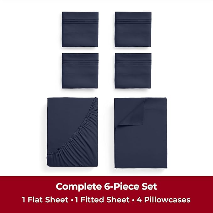Mellanni California King Sheets Set - 6 PC Iconic Collection Bedding Sheets & Pillowcases - Ultra Soft, Cooling Bed Sheets - Deep Pocket up to 16 inch - 6 PC (Cal King, Navy Blue w/Extra Pillow Cases) - LeafyLoom