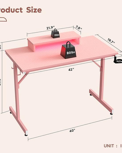 Bestier Small Gaming Desk with Monitor Stand, 42 inch LED Computer Desk, Gamer Workstation with Cup Holder & Headset Hooks, Modern Simple Style Desk for Home Office, Carbon Fiber Pink - LeafyLoom