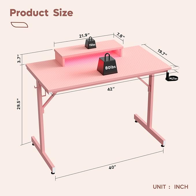 Bestier Small Gaming Desk with Monitor Stand, 42 inch LED Computer Desk, Gamer Workstation with Cup Holder & Headset Hooks, Modern Simple Style Desk for Home Office, Carbon Fiber Pink - LeafyLoom