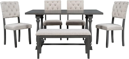 6-Piece Dining, Vintage-Inspired Solid Kitchen Set-Rectangular Wood Table, 4 Chairs, 1 Bench with Distinctive Legs & Comfortable Foam-Covered Seats, Gray - LeafyLoom