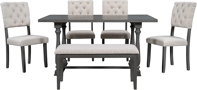 6-Piece Dining, Vintage-Inspired Solid Kitchen Set-Rectangular Wood Table, 4 Chairs, 1 Bench with Distinctive Legs & Comfortable Foam-Covered Seats, Gray - LeafyLoom