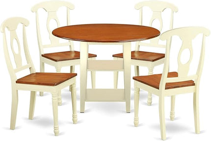East West Furniture SUKE5-BMK-W Sudbury 5 Piece Kitchen Set for 4 Includes a Round Room Table with Dropleaf & Shelves and 4 Dining Chairs, 42x42 Inch - LeafyLoom