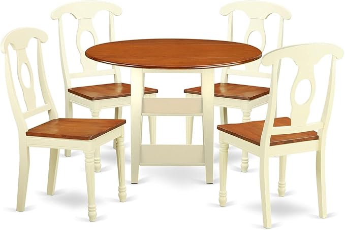 East West Furniture SUKE5-BMK-W Sudbury 5 Piece Kitchen Set for 4 Includes a Round Room Table with Dropleaf & Shelves and 4 Dining Chairs, 42x42 Inch - LeafyLoom