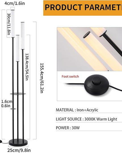 Ganeed LED Floor Lamp with Shelves,30W Modern Black Tall Lamps with 3 Acrylic Lampshade,3000K Warm Light Standing Lamps with Foot Switch and Remote Control (66.5 inch) - LeafyLoom