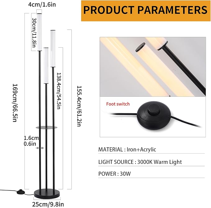 Ganeed LED Floor Lamp with Shelves,30W Modern Black Tall Lamps with 3 Acrylic Lampshade,3000K Warm Light Standing Lamps with Foot Switch and Remote Control (66.5 inch) - LeafyLoom
