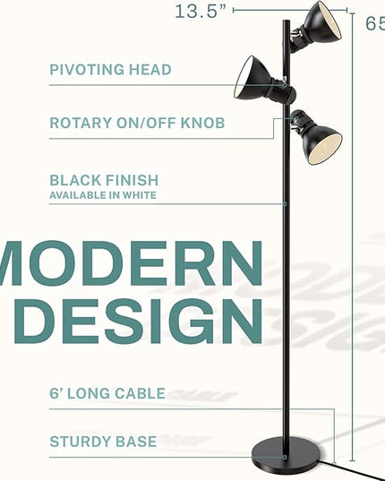 3 Light Floor Lamp Standing Lamp for Living Room, Bedroom, Office - Adjustable Modern Tree Floor Lamps, 60W Bright Spotlight Lighting - Rotating Swivel Corner Light for Reading, Black - LeafyLoom