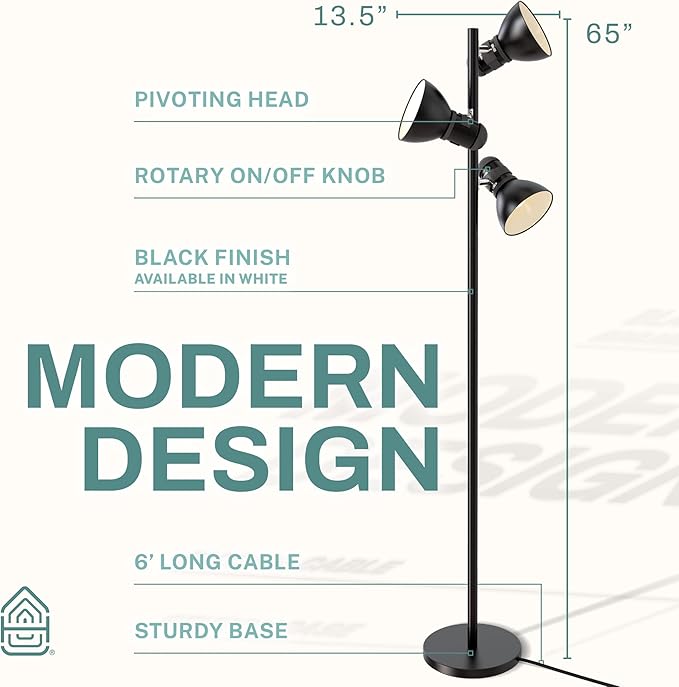3 Light Floor Lamp Standing Lamp for Living Room, Bedroom, Office - Adjustable Modern Tree Floor Lamps, 60W Bright Spotlight Lighting - Rotating Swivel Corner Light for Reading, Black - LeafyLoom