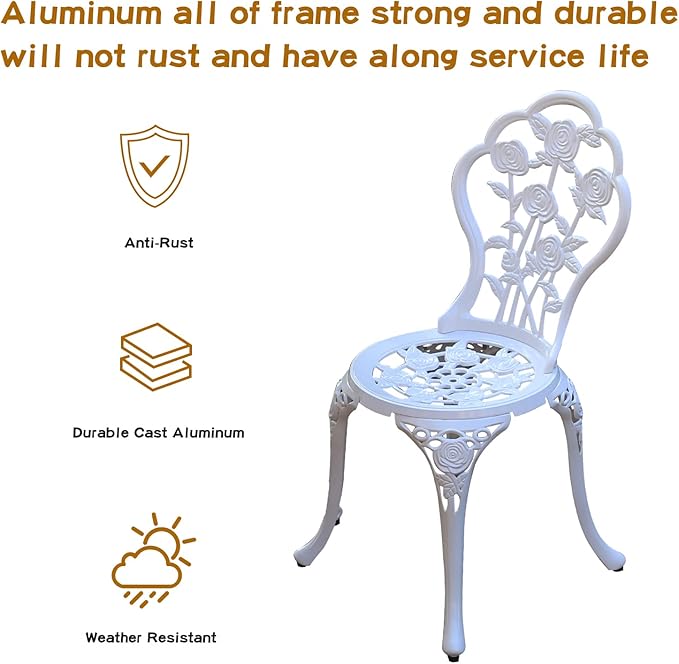 Patio Bistro Set.Rust-Resistant Cast Aluminum Bistro Table Set with Umbrella Hole for Backyard (Rose White) - LeafyLoom