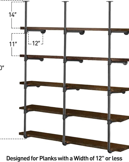 HITOMEN Industrial Iron Pipe Shelves, 3 Set 5-Tier, 70" Tall, 12" Depth, DIY Open Bookshelf Bookcase, Wall Mounted Vintage Retro Shelving, Rustic Farmhouse Pantry Kitchen Storage, Black Shelf Brackets - LeafyLoom