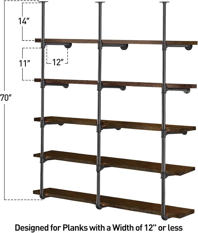 HITOMEN Industrial Iron Pipe Shelves, 3 Set 5-Tier, 70" Tall, 12" Depth, DIY Open Bookshelf Bookcase, Wall Mounted Vintage Retro Shelving, Rustic Farmhouse Pantry Kitchen Storage, Black Shelf Brackets - LeafyLoom