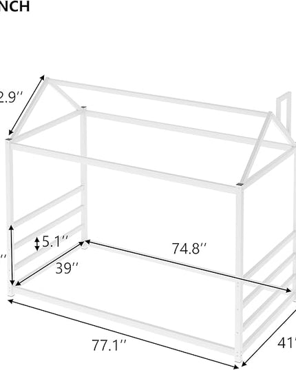 Bellemave Twin Size Montessori Floor Bed for Kids,Floor Bed with Roof, House Bed for Boys Girls,Metal House Shape Platform Bed Twin,White - LeafyLoom