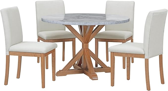 5-Piece Farmhouse Wooden Round Dining Table Set with Marble Sticker Tabletop and 4 Linen Upholstered Chairs for Dinette Room and Kitchen (47.2 inch,White+Walnut), 47.2" L x 47.2" W x 30" H - LeafyLoom