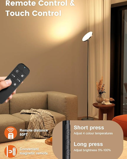 OHLUX Floor Lamp,36W/3000LM Sky LED Modern Torchiere 5 Color Temperatures Super Bright Floor Lamps, Dimmable Tall Standing Pole Light with Remote & Touch Control for Living Room,Bedroom,Office-Black - LeafyLoom