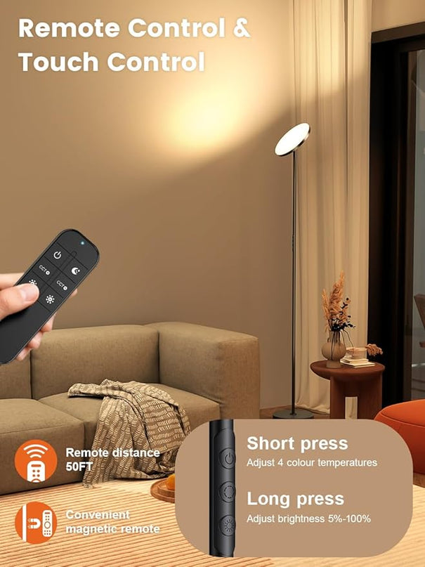 OHLUX Floor Lamp,36W/3000LM Sky LED Modern Torchiere 5 Color Temperatures Super Bright Floor Lamps, Dimmable Tall Standing Pole Light with Remote & Touch Control for Living Room,Bedroom,Office-Black - LeafyLoom