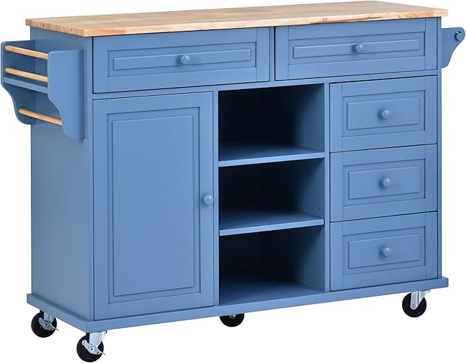 Rolling Kitchen Island Cart with Extended Table,Power Outlets, LED Lights & 2 Fluted Glass Doors, with a Storage Compartment Side 3 Open Shelves, for Dining Room House Bar - LeafyLoom