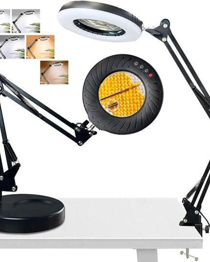 10X15X Magnifying Glass with Light and Stand 2-in-1Magnifying Lamp-5 Color Modes Stepless Dimmable Real Glass Lighted Magnifier-Hands Free Desk Magnifying Glass with Light for Work Reading Maintenance - LeafyLoom