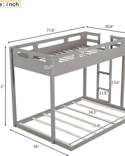 Twin Over Full Bunk Bed with Built-in Ladder, Solid Wood Floor Bedframe with Guardrail, Headboard and Footboard, for Kids Teens Adults, Bedroom/Dorm Bunkbeds, Gray - LeafyLoom