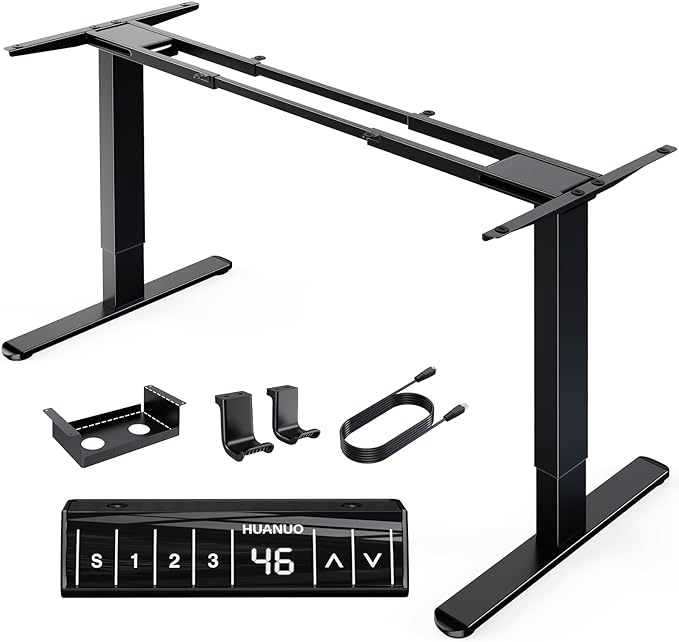 HUANUO 265 lbs Dual Motor Electric Standing Desk Frame, Thick T-Shaped Desk Legs Made of Automotive-Grade Steel, for Max 90″ x 31.5″ Desktop, Height Adjustable Desk Frame for Home Office, Frame Only - LeafyLoom