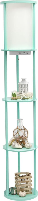 Simple Designs LF2010-AQU 62.5" Round Modern Shelf Etagere Organizer Storage Floor Lamp with 2 USB Charging Ports, 1 Charging Outlet and Linen Shade for Living Room Bedroom, Aqua, 11.5 x 11.5 x 62.5 - LeafyLoom