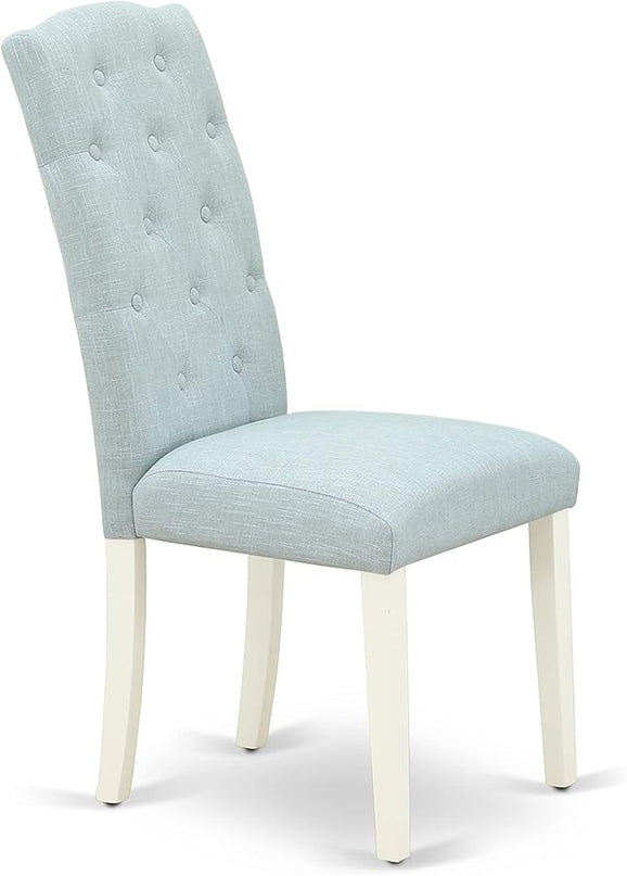 East West Furniture Oxford 3 Piece Set for Small Spaces Contains a Square Dining Room Table and 2 Baby Blue Fabric Upholstered Chairs, 36x36 Inch, Linen White - LeafyLoom
