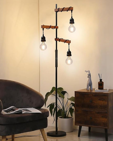 Dimmable Industrial Floor Lamp,Modern Farmhouse Tree Standing Lamp,68 Inch 3-Light Wood Tall Vintage Pole Lamps for Living Room Bedroom Office Rustic Home Decor - LeafyLoom
