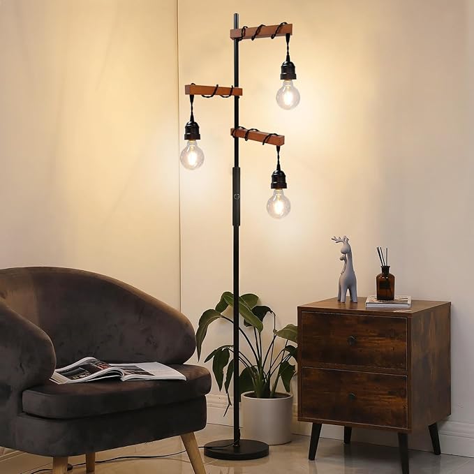 Dimmable Industrial Floor Lamp,Modern Farmhouse Tree Standing Lamp,68 Inch 3-Light Wood Tall Vintage Pole Lamps for Living Room Bedroom Office Rustic Home Decor - LeafyLoom
