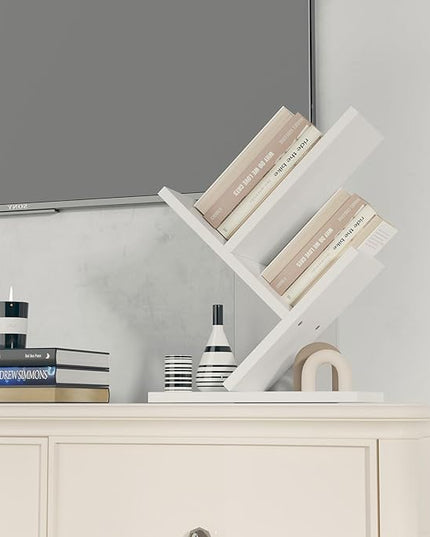 YMYNY 2 Tier Tree Bookshelf, Small Bookcase, Modern Wood Book Storage Rack Organizer, Freestanding Book shelf for Books/Movies/CDs, Display Rack for Bedroom, Home Office, White UHBC012W - LeafyLoom