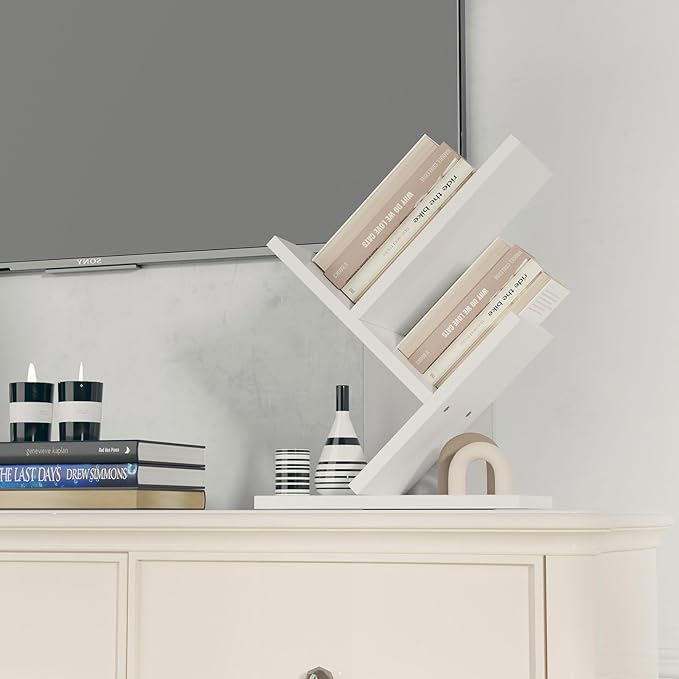 YMYNY 2 Tier Tree Bookshelf, Small Bookcase, Modern Wood Book Storage Rack Organizer, Freestanding Book shelf for Books/Movies/CDs, Display Rack for Bedroom, Home Office, White UHBC012W - LeafyLoom