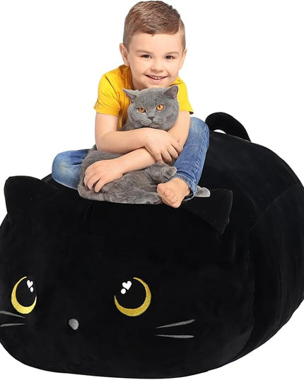 Stuffed Animal Storage Bean Bag Chair Cover for kids Cute Black Cat Large Beanbag Plush Toy Bedroom Décor Organizer Cover, No Beans - LeafyLoom