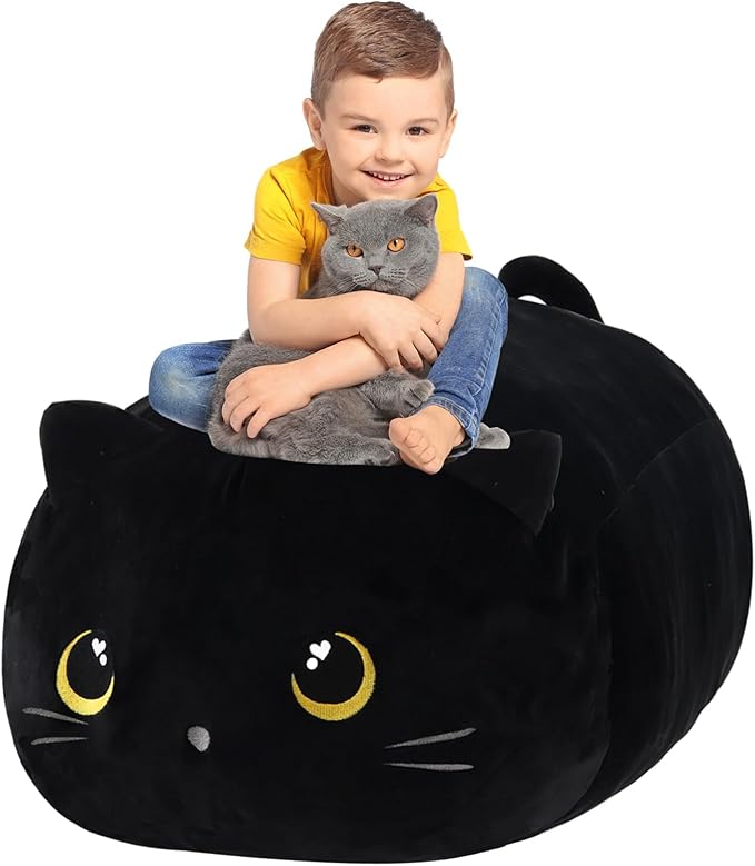 Stuffed Animal Storage Bean Bag Chair Cover for kids Cute Black Cat Large Beanbag Plush Toy Bedroom Décor Organizer Cover, No Beans - LeafyLoom