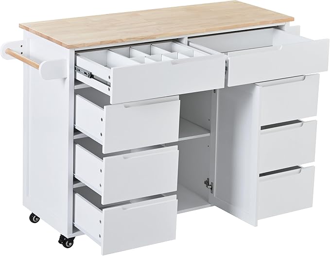 Kitchen Island on Lockable Wheels, Mobile Kitchens Cart with Rubber Wood Countertop, w/Drawer and Storage Cabinet for Dining Room, Bar - LeafyLoom