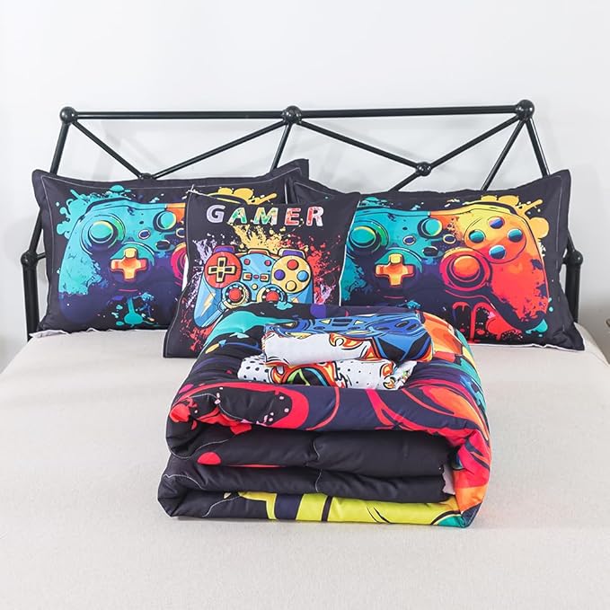 ADASMILE A & S Gamer Comforter Sets for Boys Teens 6 Pieces Gaming Bedding Set Full Size Colorful Video Game Gaming Comforter for Kids Gamer Bed in A Bag Comforter with Gamer Sheets Home Decor - LeafyLoom