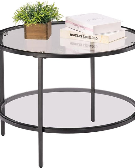 VINGLI 25.6" Round Black Coffee Tables for Living Room, 2-Tier Glass Top Coffee Table with Storage Clear Coffee, Simple & Modern Center Table for Small Space - LeafyLoom