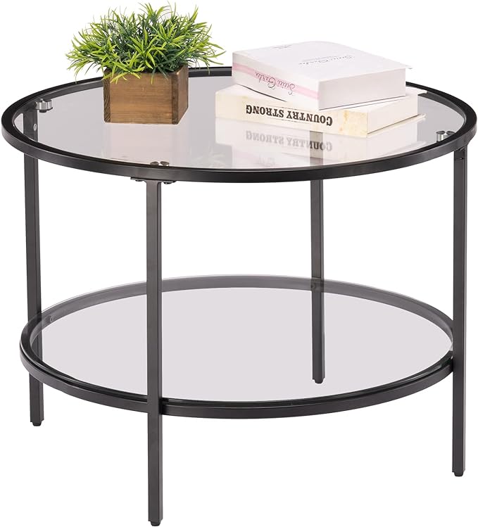 VINGLI 25.6" Round Black Coffee Tables for Living Room, 2-Tier Glass Top Coffee Table with Storage Clear Coffee, Simple & Modern Center Table for Small Space - LeafyLoom
