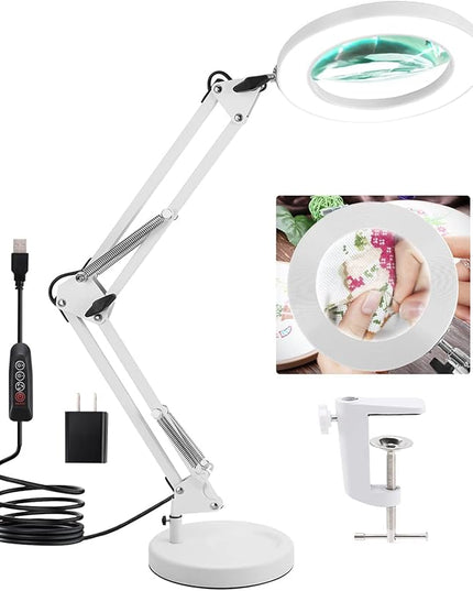 Magnifying Glass with Lihgt and stand, Veemagni 8X Real Glass 2-in-1 Desk Lamp & Clamp, 3 Color Modes Stepless Dimmable, LED Lighted Magnifier with Light for Reading Crafts Repair Close Works - White - LeafyLoom