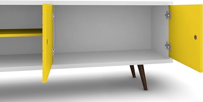 Manhattan Comfort Liberty Mid Century Modern TV Stand for Televisions up to 60 Inches, Bedroom and Living Room Entertainment Center with Storage, Shelves, and Cabinet, 63" Wide, White/Yellow - LeafyLoom