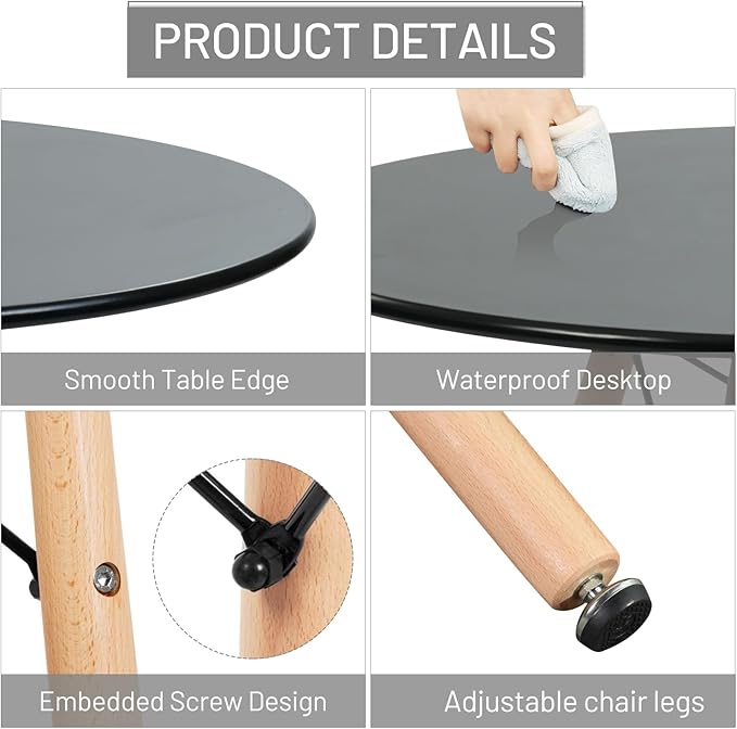 FurnitureR 31.5 Inch Modern Round Dining Table with Wooden Legs for Home Kitchen Living Room Corner Small Spaces Leisure, Black - LeafyLoom
