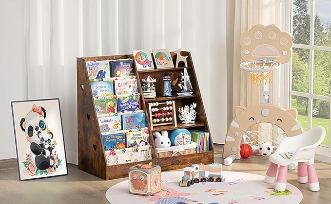 Lerliuo 4 Tier Kids Bookshelf and Storage Organizer, Five Layer Sling Children Bookcase, Baby Toddler Wooden Book Shelf, Display Cabinet for Playroom, Bedroom, Classroom, Nursery, School (Brown) - LeafyLoom