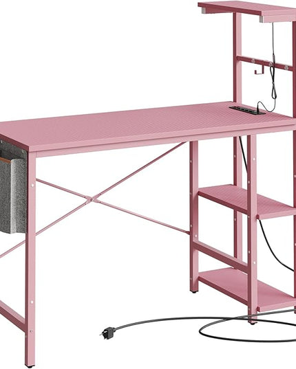Bestier Pink Gaming Desk with Power Outlets, 44 Inch Led Gamer Desk with 4 Tiers Reversible Shelves, Pink Computer Desk with Headset Hook & Side Storage Bag for Bedroom (Pink 3D Carbon Fiber) - LeafyLoom