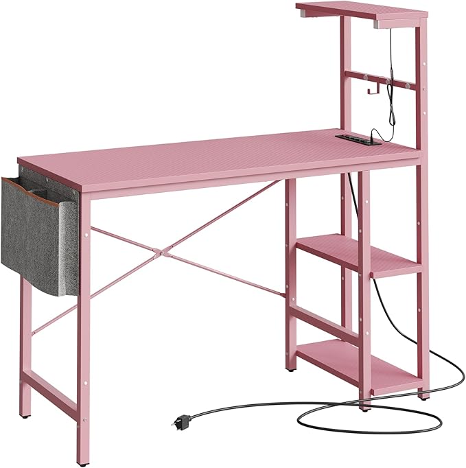 Bestier Pink Gaming Desk with Power Outlets, 44 Inch Led Gamer Desk with 4 Tiers Reversible Shelves, Pink Computer Desk with Headset Hook & Side Storage Bag for Bedroom (Pink 3D Carbon Fiber) - LeafyLoom